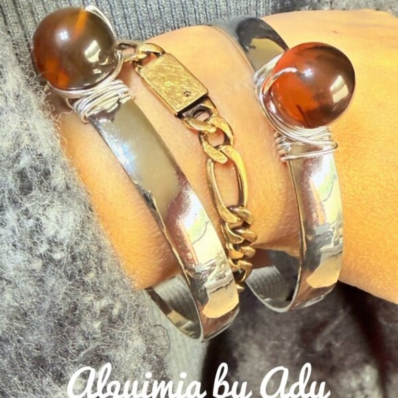 Brutalist style Baltic amber silver chunky bracelets - Picture 1 of 3